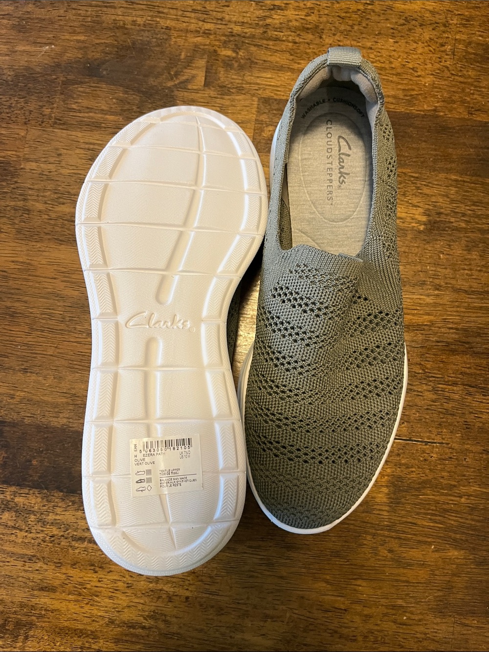 Clarks Slip-On Knit Sneakers in Olive Green with White Sole - Picture 2 of 7